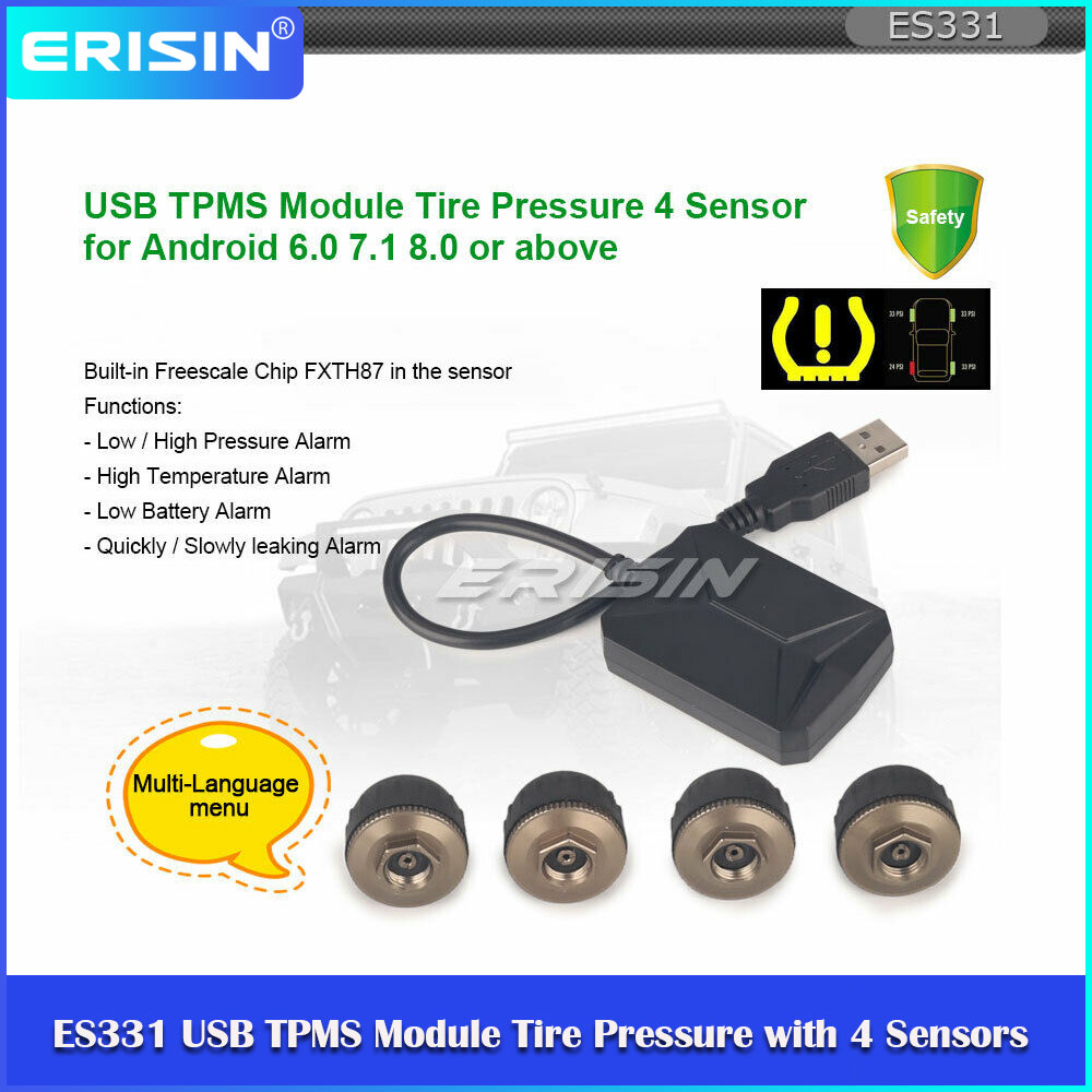 Erisin ES331 Usb Tpms Module Bandenspanning Met 4 Sensoren Voor Android 6.0-10.0 Autoradio Dvd Autoradios