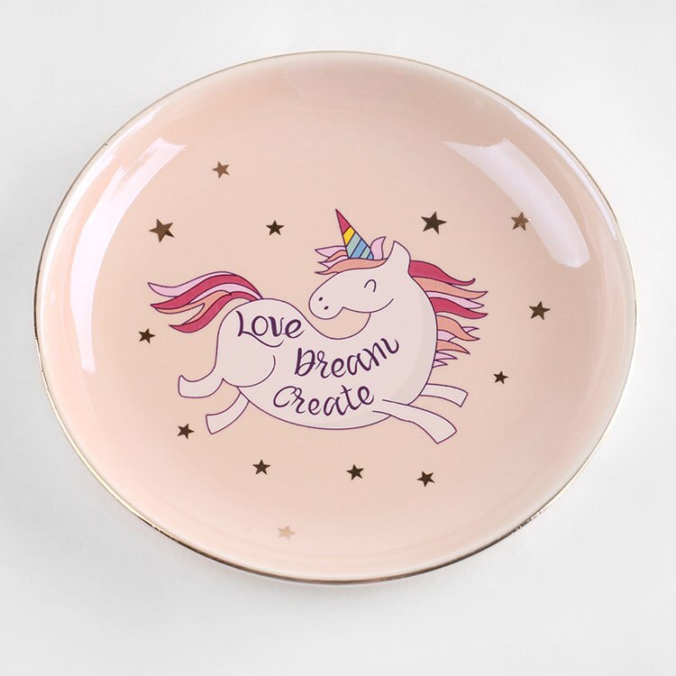 Unicórnio Dos Desenhos Animados Coração-em forma de taças de cerâmica placas de sorvete Decoração Artesanato Jóias prato Lanche prato Lanche bandeja de armazenamento de doces: Pink B