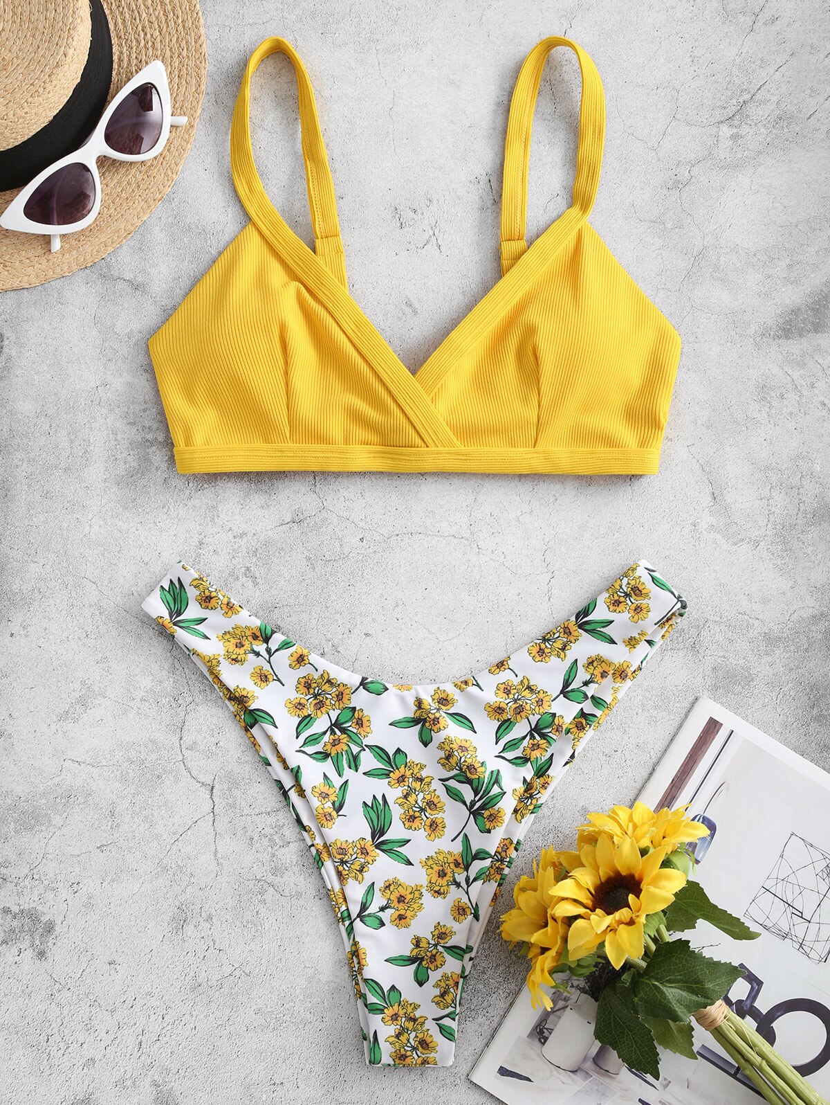 Zaful Bloemen Geribbelde Hoge Cut Padded Bikini Badmode Bandeau Badpak Voor Het Zwembad Sexy Bikini Strand Wetsuit Dragen: Yellow / L