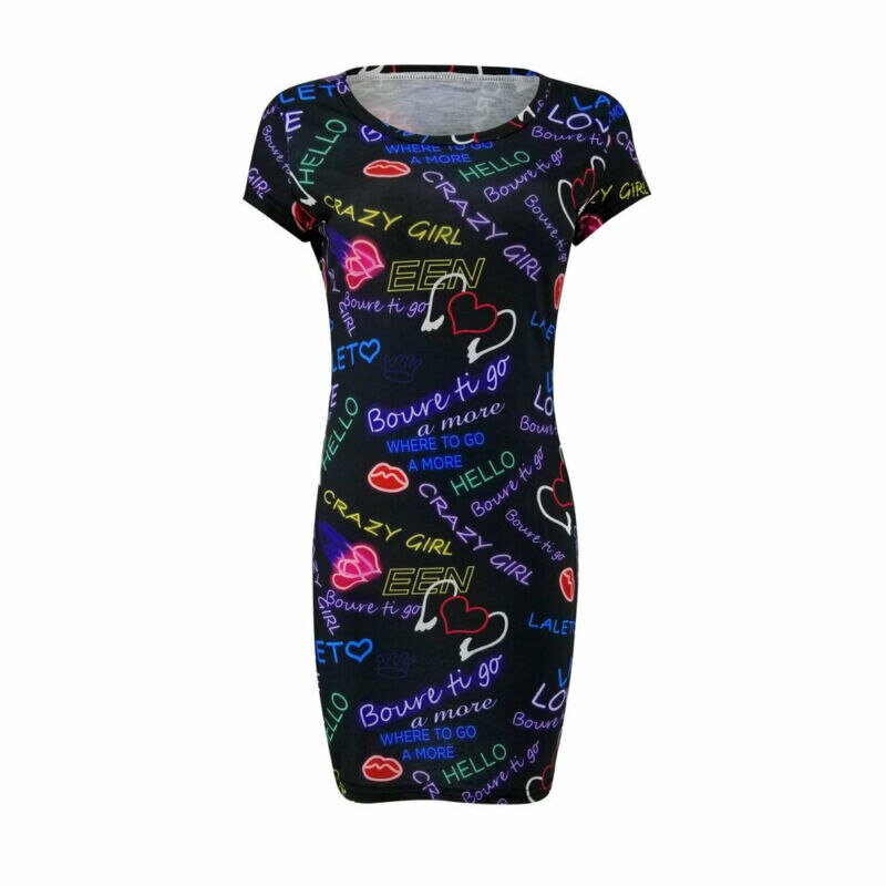 Vrouwen Zomer Doodle Lange Tops Blouse Dames Korte Mouw Bodycon T-shirt Jurk