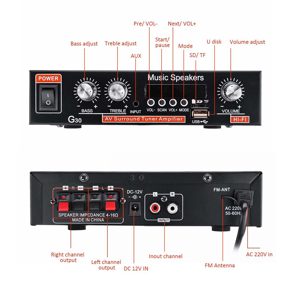 G30 12V 220V 2 Channel Hifi Stereo Audio Auto Versterker Car Audio Bluetooth Digitale Krachtige Auto Versterker Voor subwoofer