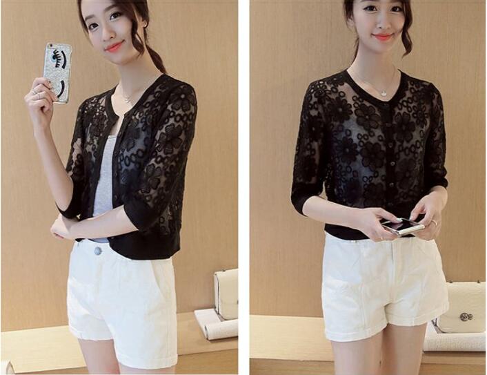Carol diaries broderi mesh heklet blonder pyntet kappe trekvart erm o-hals kvinner cardigan short femme bolero coat