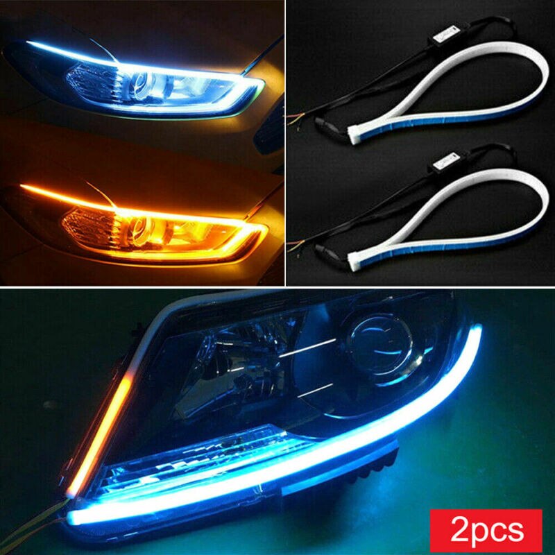 2pcs Auto Lamps LED Car Headlight Strip Light DRL Car Exterior Decoration Light Slim Flexible Turn Signal Lights 11.81inch