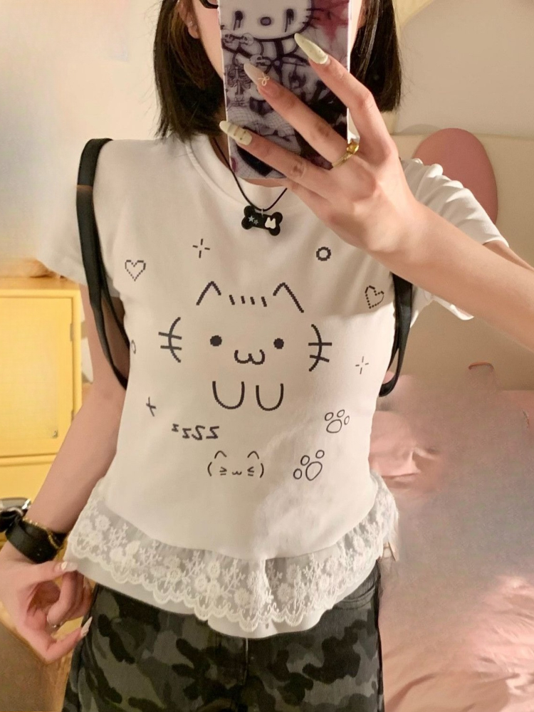 Blonde patchwork japansk kawaii søde t-shirts sommer kvinder  y2k æstetisk tegneserie kat tryk t-shirt harajuku grunge fe toppe