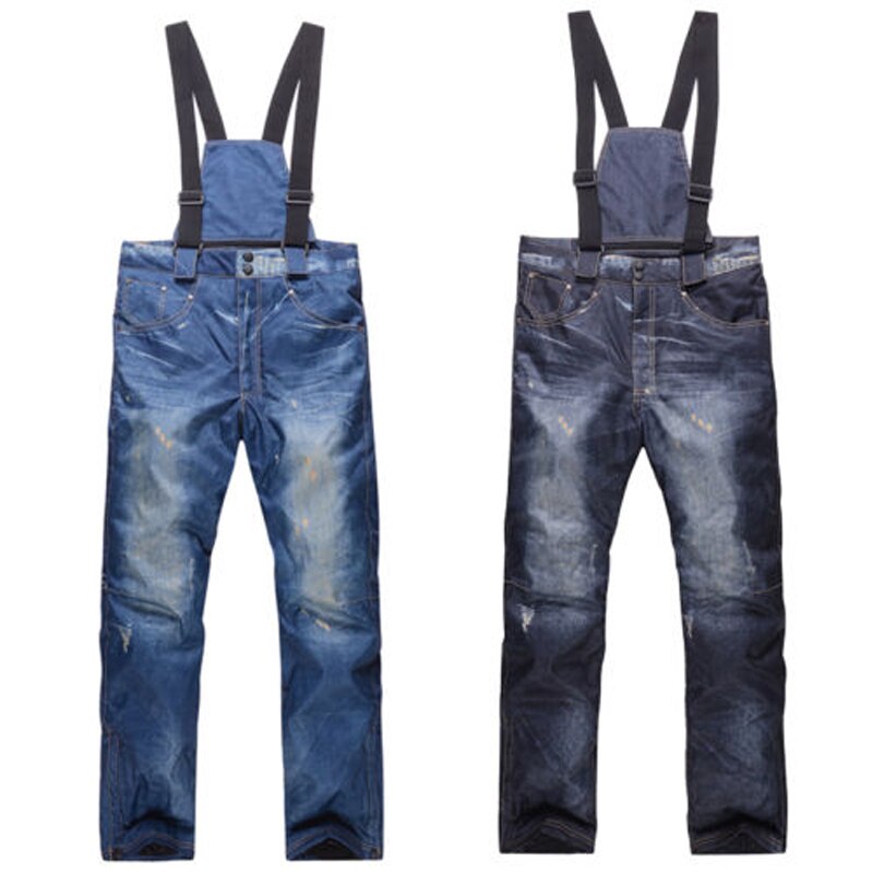 Men Denim Winter Full Protection Waterproof Windbreak Fleece Zipper Pants Overralls Snowboard Trousers Travel 8J0027