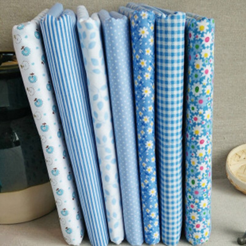 Diverse bedrukte katoenen stoffen, quilten, naaien, knutselen, patchwork, voorgesneden, 7 stuks: Blauw