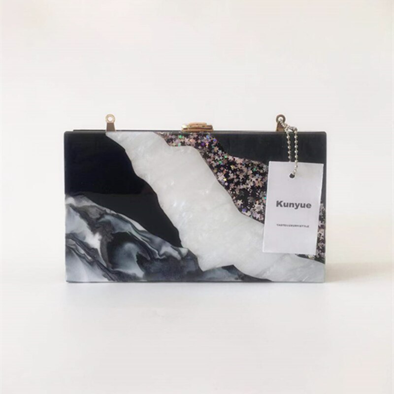 BlingBling Acrylic Evening Bag Marble Pattern Black White Flap Handbags Casual Patchwork Party Prom Wedding Clutch Purse