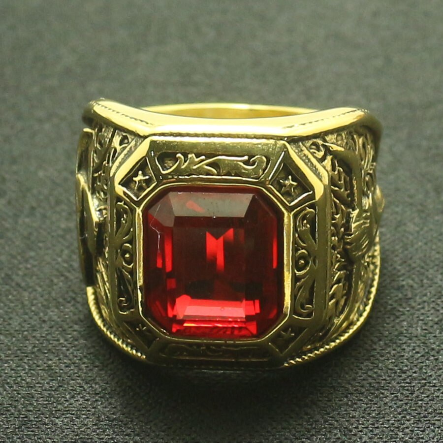 Cool Red Stone Ring Cowboy Neushoorn Hoorn Mannen Jongens 316L Roestvrij Staal Gouden Ring Grote Voor Vriend