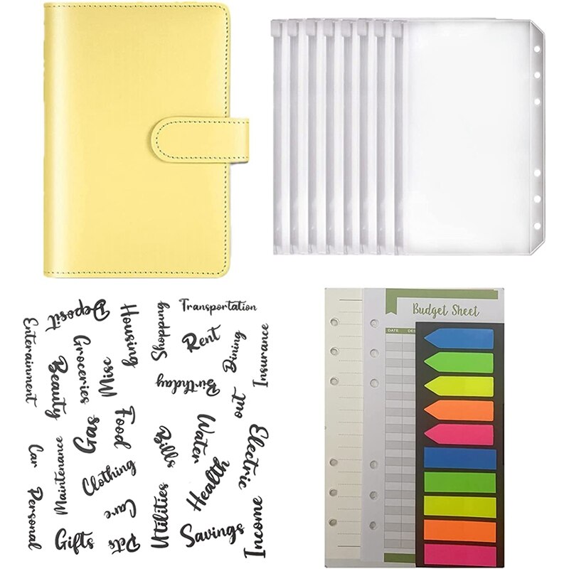 A6 Pu Notebook 6 Ringen Bindmiddel Budget Planner Organizer Met Refill Papers, Kosten Budget Lakens, Sticker Labels, pocket: Yellow