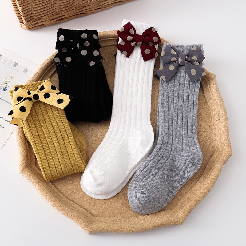 Lente Herfst Baby Sokken Warm Dot Bows Kids Meisje Kniehoge Sokken Effen Kleur Zachte Baby Peuter Lange Sokken