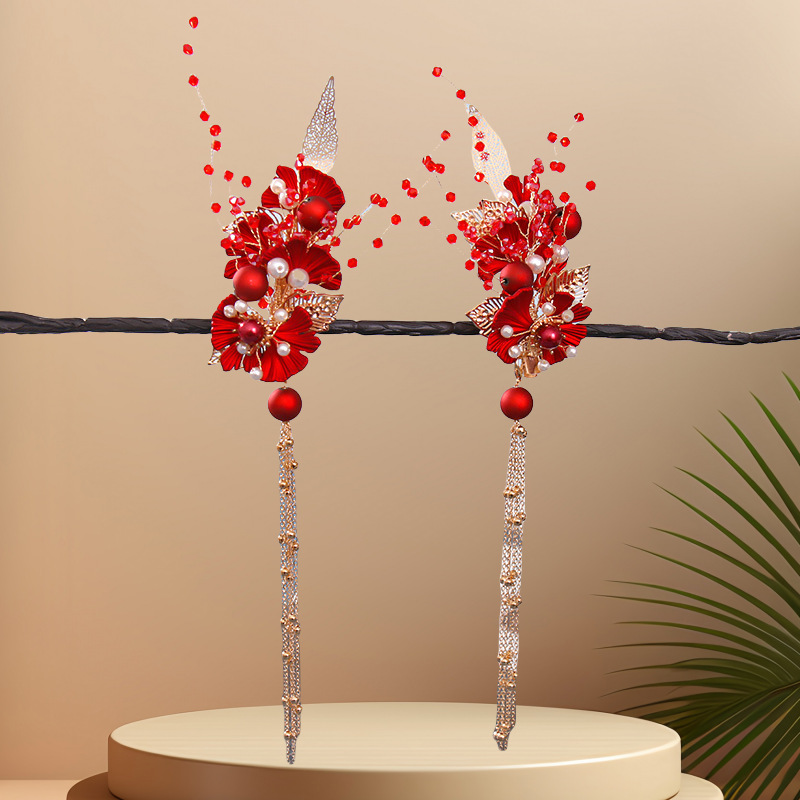 Horquilla con borla de flor roja, Clip de pelo lateral de estilo tradicional chino, tocado de hada para niñas, joyería para el cabello de novia para boda,: Color dorado