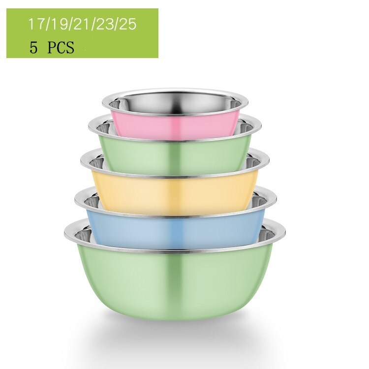 5PCS Stainless Steel Salad Bowl Drain Basket Drainer Mixing Bowls Set Kitchen Vegetables Fruit Washing Storage Container: 17-19-21-23-25 B