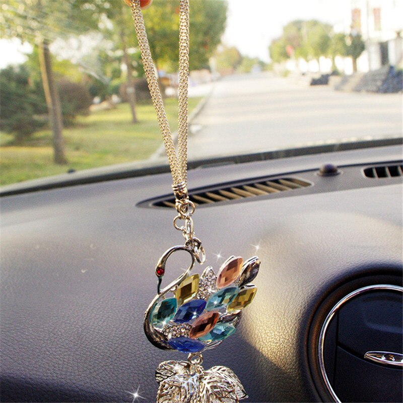 Breloque en cristal scintillant pour rétroviseur | Miroir de rétroviseur de voiture, strass de décor intérieur, cygne porte-bonheur