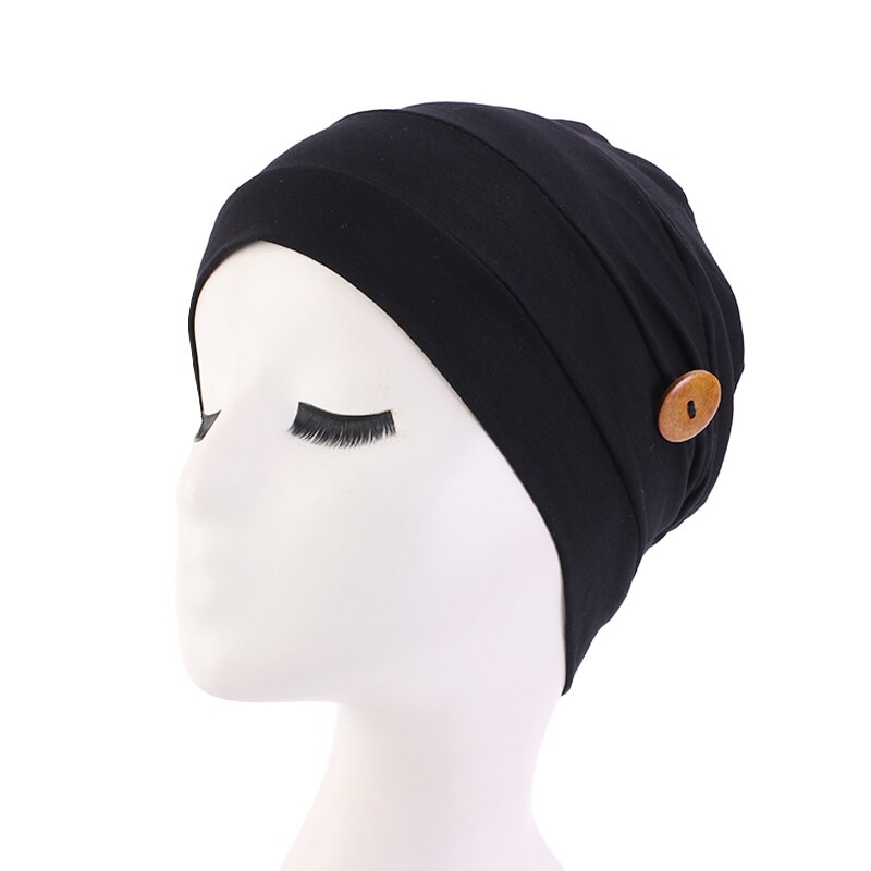 Chemo Hoed Zachte Katoenen Verlies Kanker Hoed Met Knop Voor Dragen Oor Bescherming Hoed Tulband Vrouwen Slaap Cap Dames Hoofddeksels: Black