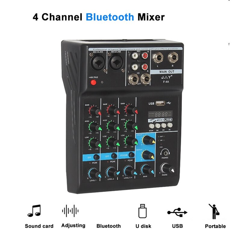 4 Channel Bluetooth Mixer - Audio Mixing Console with Reverb - USB Live Stage KTV Karaoke