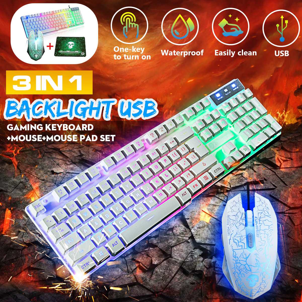 Gaming Keyboard and Mouse Combo Set With Mouse Pad Rainbow Color Backlit USB Keyboard RGB LED Keyboard For PC Gamer Mice