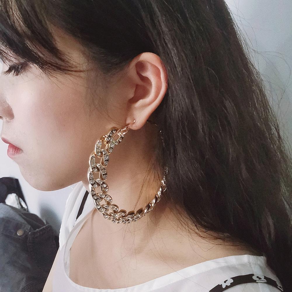 AMORCOME Rhinestone Chain Hoop Earrings For Women Big Circle Round Earrings Brincos Female Statement Jewelry