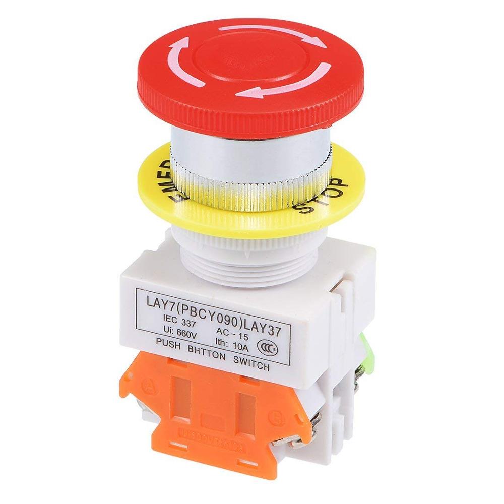 22mm Mushroom Latching Emergency Stop Push Button Switch Red With Waterproof Cover 1NO 1NC: button  sign 40MM
