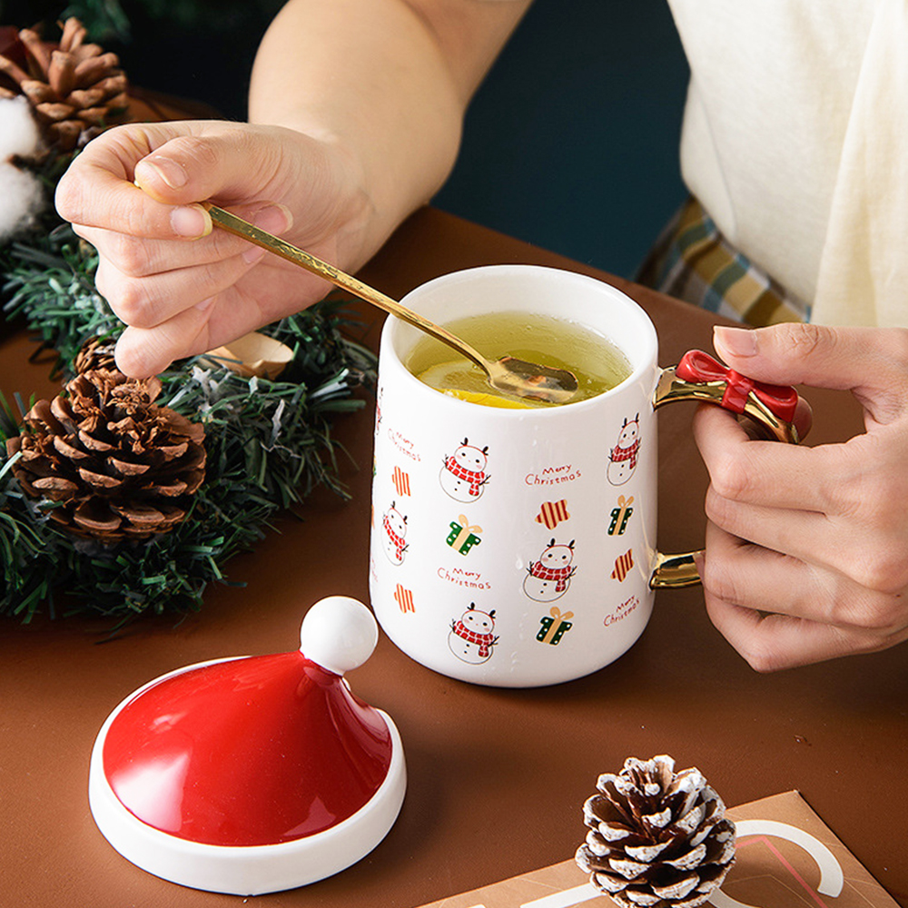 Tapa con forma de sombrero de Navidad, vaso de agua de caballo de cerámica de dibujos animados, oso de muñeco de nieve de Santa Claus con cuchara, taza de café, vasos de , 400ml