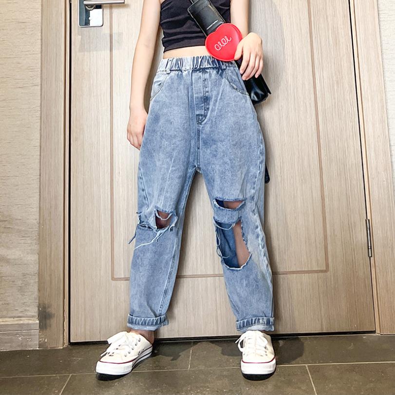 Pantalones vaqueros Con agujeros para bebés y niños, Jeans de cintura elástica para primavera y verano, 6-16 años, Wz650