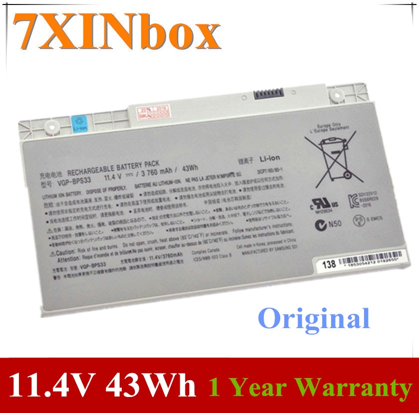 7XINbox 11.4V 43wh Original Laptop Battery VGP-BPS33 BPS33 For Sony SVT-14 SVT-15 T14 T15 Touchscreen Ultrabooks VGPBPS33