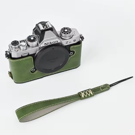 PU Leather Camera Case Half Bag Body With Wrist Strap For Nikon ZFC Z30 Z50: army green