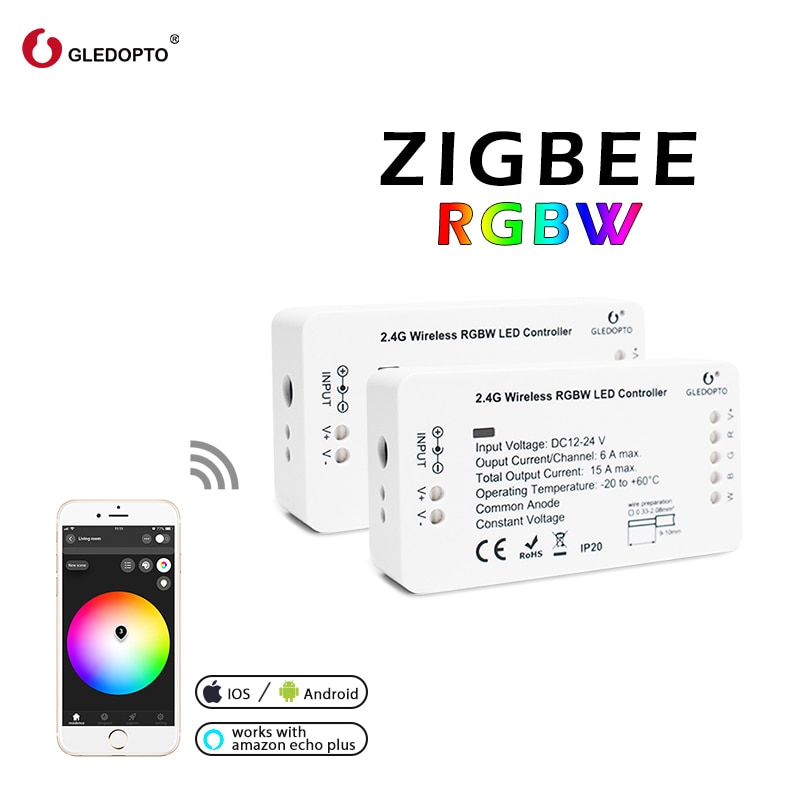 GLEDOPTO Zigbee Zll Smart Home DC12V-24V RGBW Dimming Light Strip Controller Compatible With ECHO Plus Smartthings Hub Led Strip: 1 ID RGBW