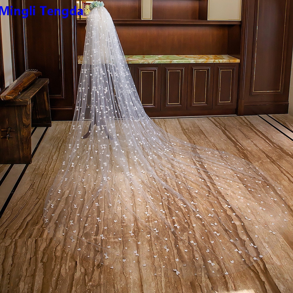 Mingli tengda vlinderkant luxe bruidssluier 4 m lange bruidssluier kathedraalsluier met com sluiers bruidsaccessoires velo
