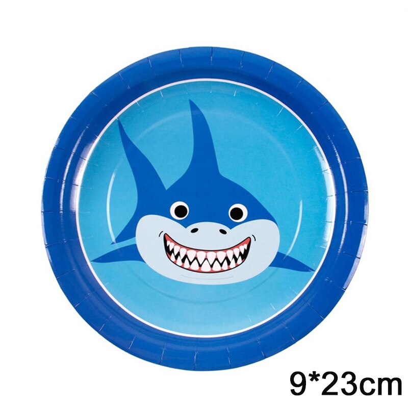 Ocean Shark Disposable Tableware Animal Pattern Paper Plates Cups Hanging Banners Ornaments Kids Birthday Party Supplies: 8pcs 9inch plates