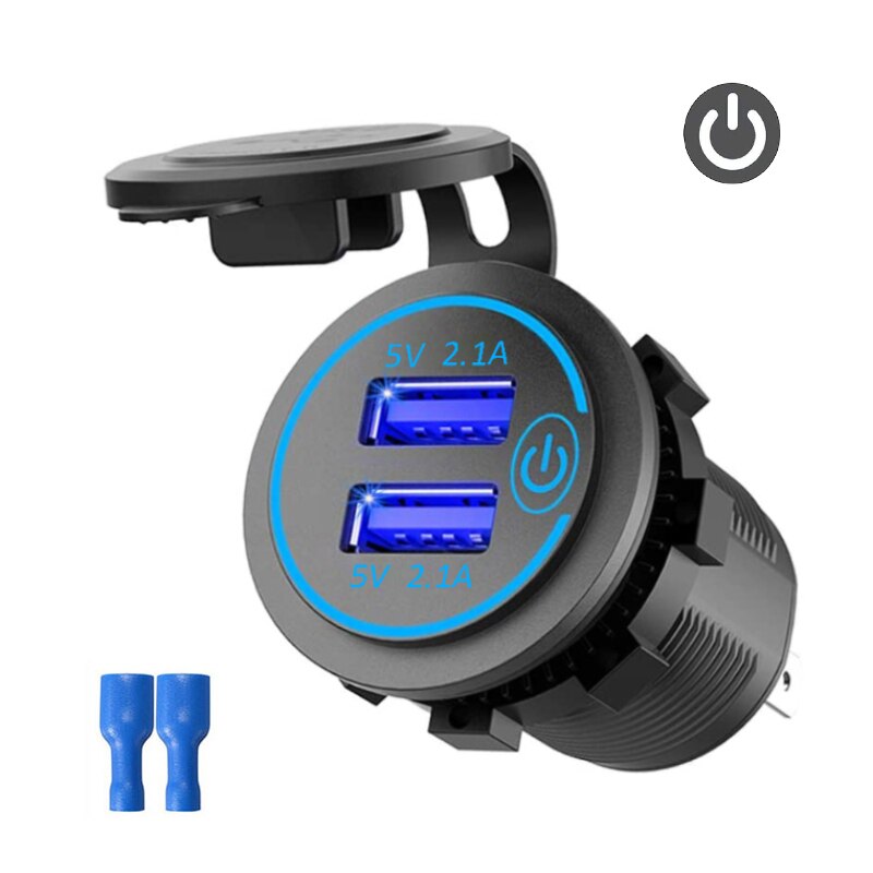 4.2A Dual USB Fast Charger Socket Power Outlet with Touch Switch Waterproof Charger Socket for Car Marine Boat Motorcycle Truck: Blue