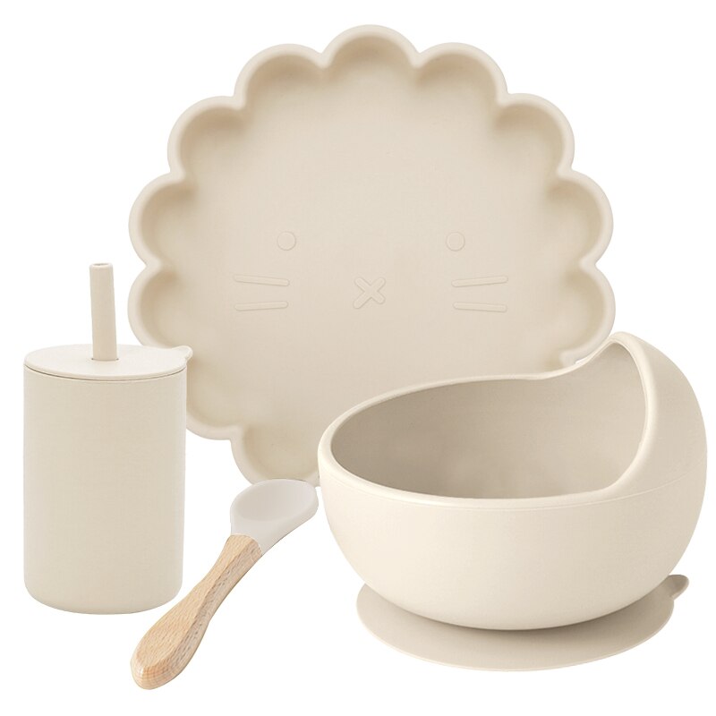 Juego de comida de entrenamiento para niños, cuenco de alimentación para bebé, plato de succión vajilla de silicona de grado alimenticio, taza de paja, artículos para bebé, 4 Uds.: 004A-beach sand