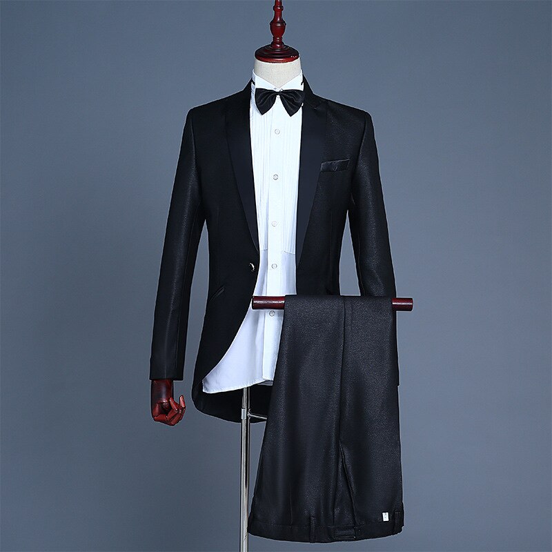 Black Tailcoat Suit Men Wedding Groom Prom Tuxedo Suits Men Party Nightclub 2 Piece Suit (Jacket+Pants) Stage Singer Costumes: black collar / XXL