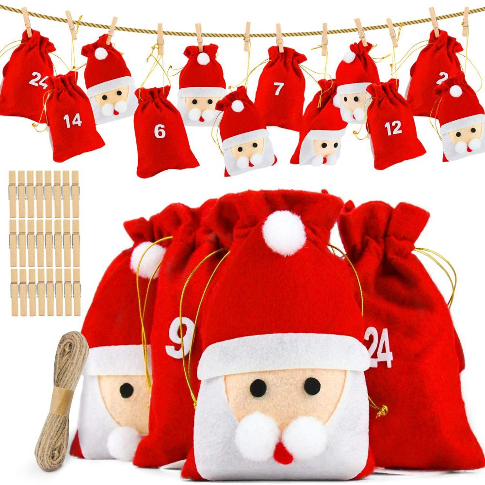 Adventskalender 24 kerstman tassen met cijfers kerstkalender stoffen tassen om zelf te versieren adventskalender: Default Title