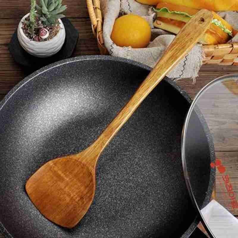 1pc træ lang håndtag køkkengrej køkkenredskaber non-stick hånd scoop køkken spatel madlavningsredskaber wok skovl ris  g7 q 0