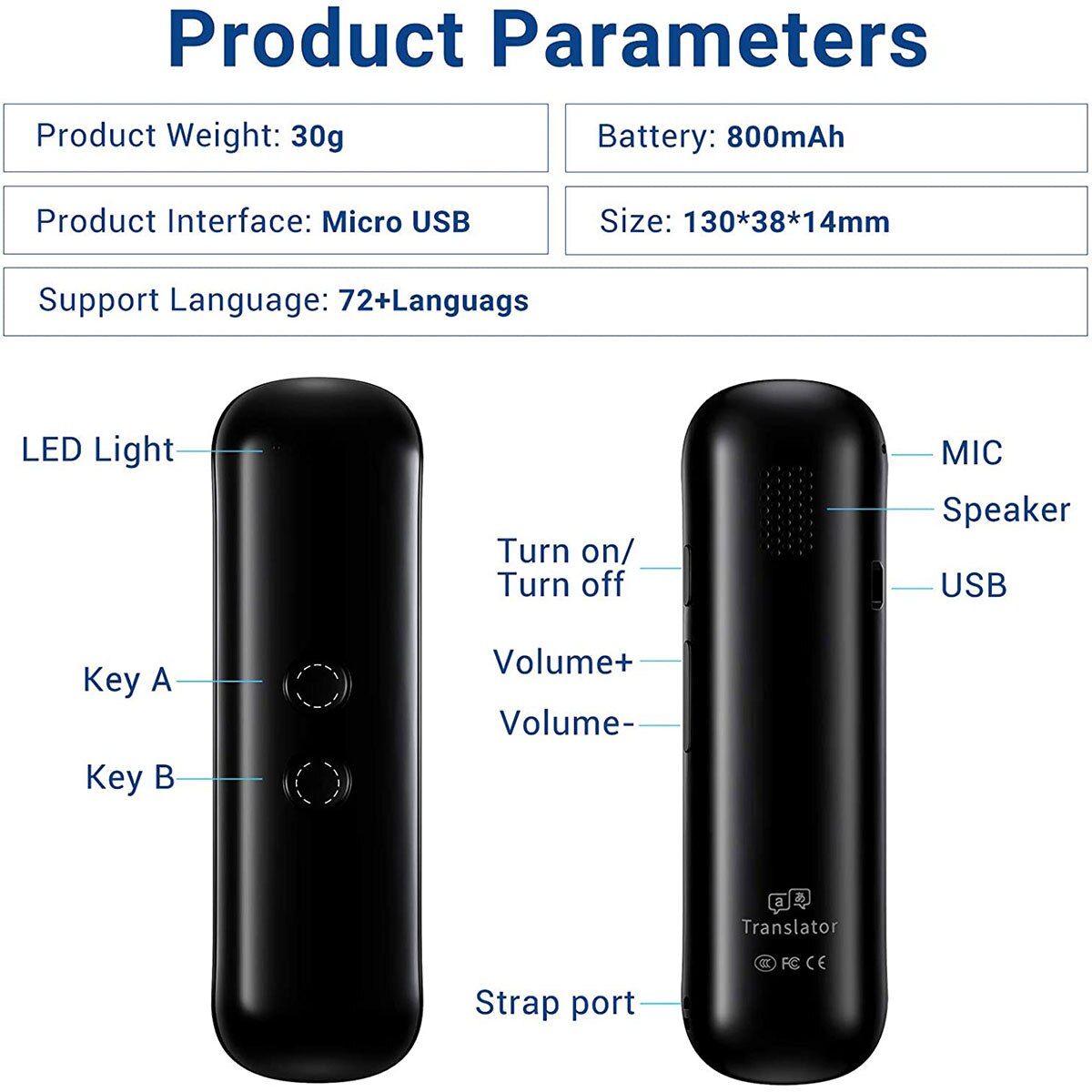 Smart 70 Languages Instant Voice Translator Real Time 2-Way Portable Mini Wireless Translation APP Bluetooth Translator Device