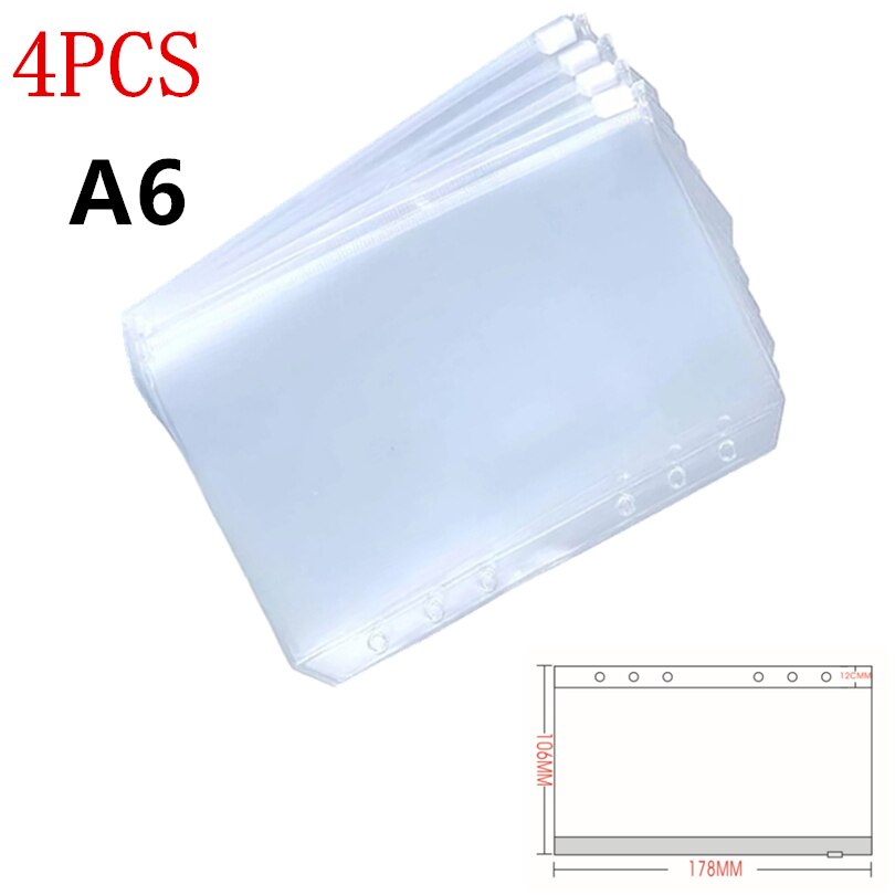 KDD Binder Pockets A5/A6/A7 Binder Loose Leaf Bag Clear Zipper Folders For 6-Ring Notebook Binder Pouch Document Filing Bags: A6 4PCS