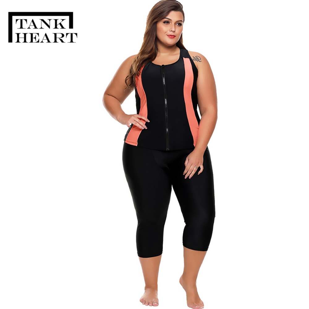 Tank Hart Zwarte rits Biquini Plus size badmode Vrouwen tankini Set Sport Tweedelige Badpak met Shorts badpak tankini XXXL