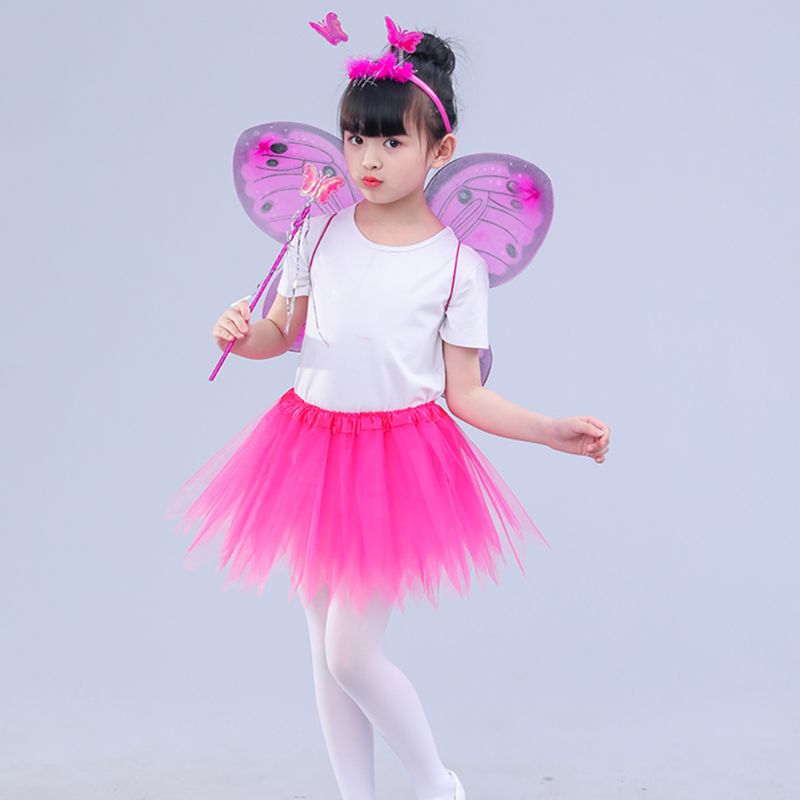 Adulte enfants 4 pièces ensemble de costumes de fée LED Simulation ailes de papillon pointu Tutu jupe bandeau baguette princesse filles fête habiller
