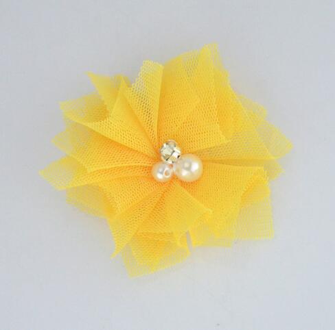 10 stks/partij 2.5 ''Mini Tulle Mesh Bloemen Met Strass Pearl Center Poof Bloemen Hoofdband Haar Accessoires: 17 yellow