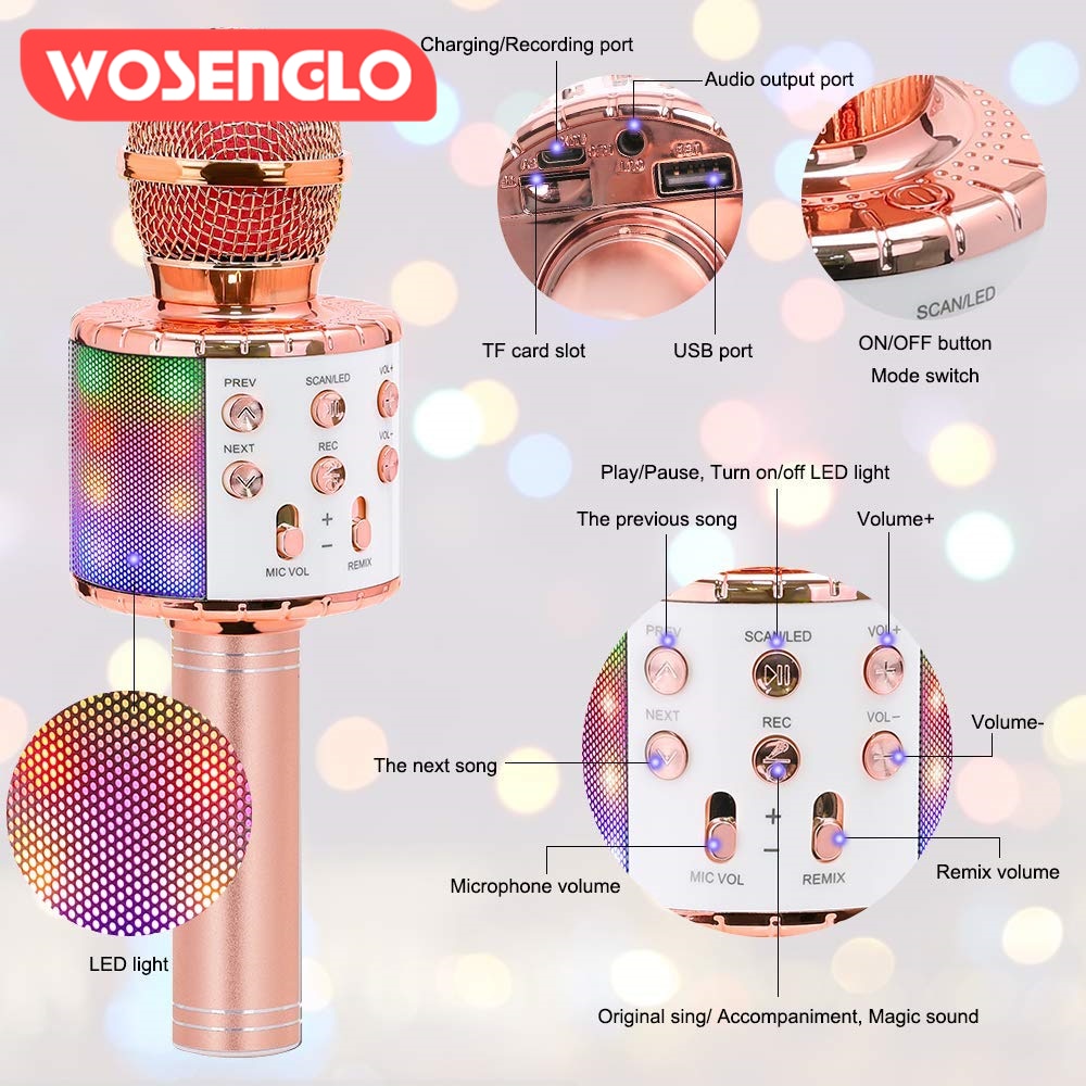 WS858 Bluetooth Handheld Karaoke Speaker Player Machine for Kids Adults Home KTV Party for Android/Iphone/Ipad/Pc Girl Boy