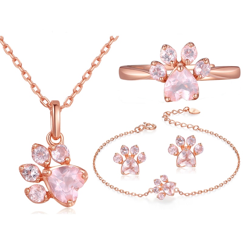ROXI Bärentatze Katze Klaue Schmuck setzt für Frauen Rose Gold Ringe Zucht Ohrringe Halskette Armbinde Hochzeit Rosa Kristall CZ liebe