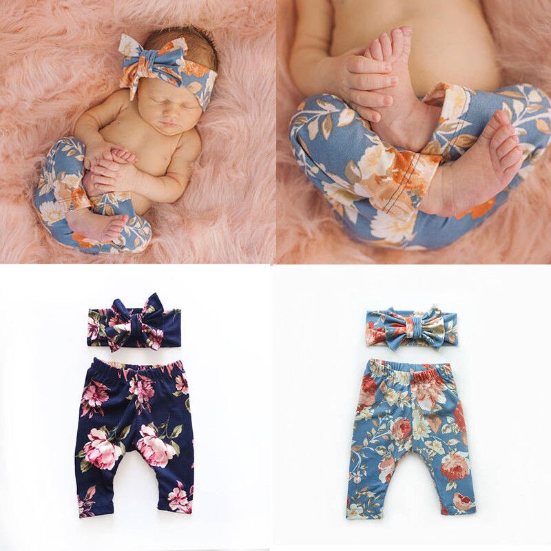 Pudcoco Newborn Infant Toddler Baby Girls Autumn Long Floral Clothes Bottoms Pants Toddler Trousers+Headband 2PCS Age 0-24M