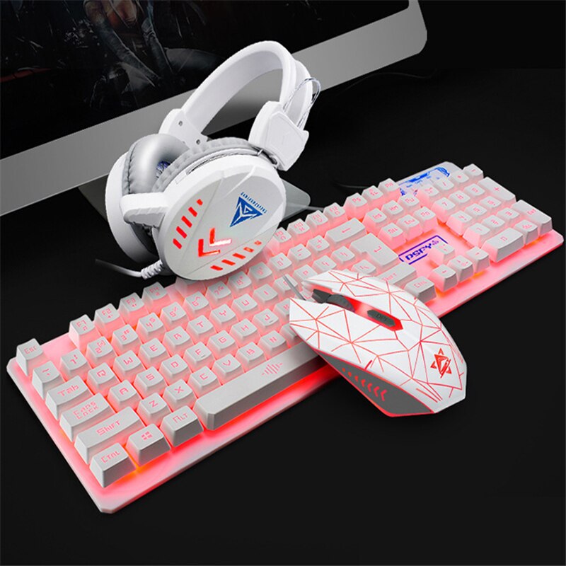 4Pcs Pad USB Computer Waterproof Gaming Mouse Headset Home Illuminated Wired Backlight Desktop Ergonomic Keyboard Set: White Colorful Light