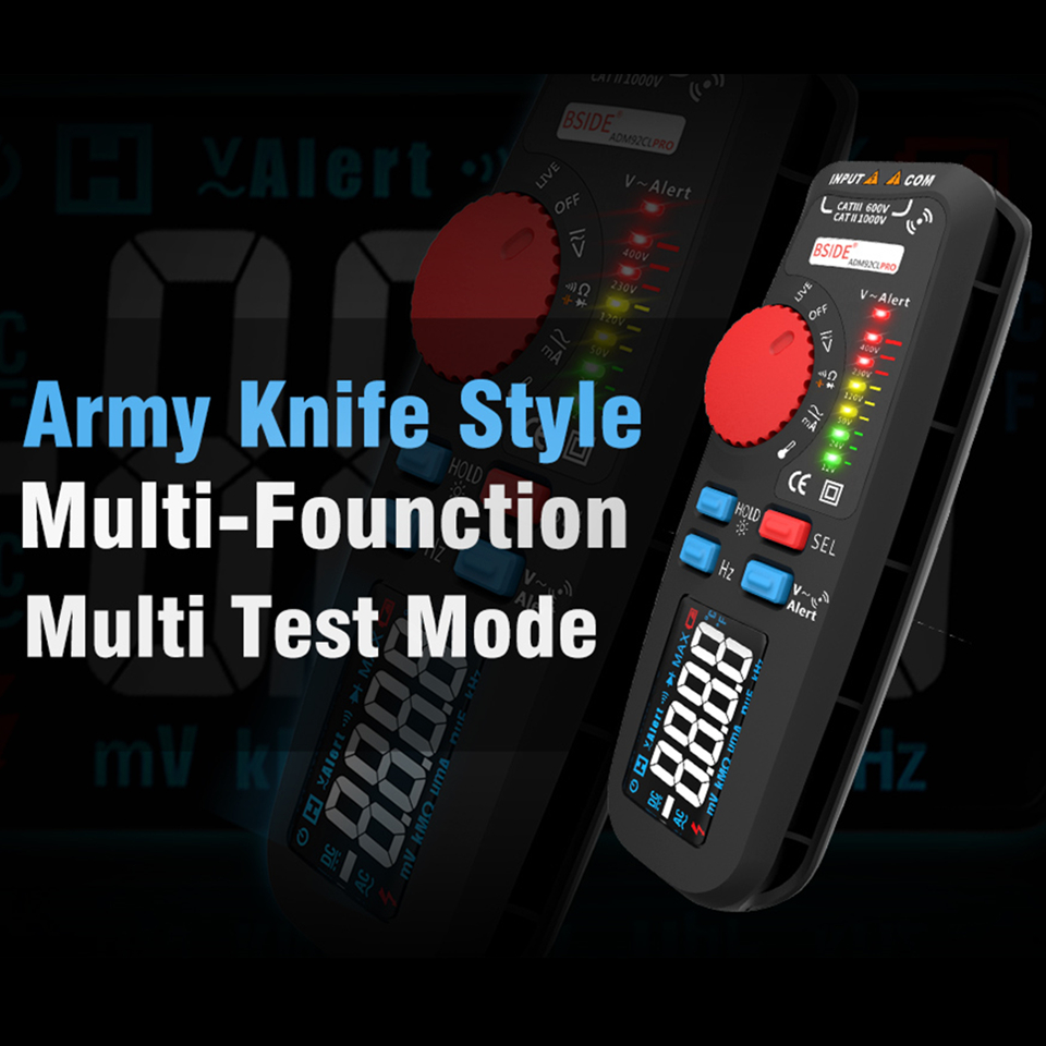 BSIDE ADM92CL Voltmeter Digital True RMS Multimeter 6000 Counts Auto-Range Voltage Amp Ohm Hz Cap Temp Diode Continuity Tester