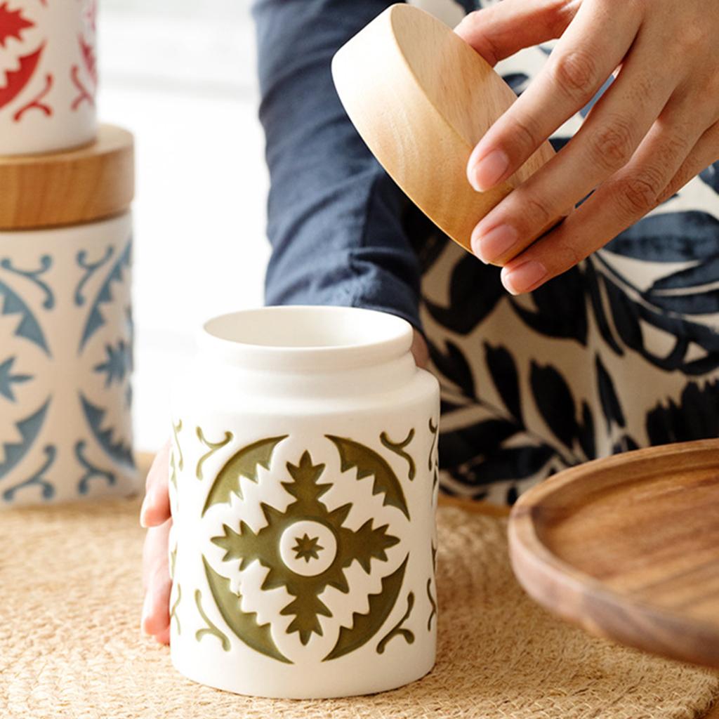 Boho Style Ceramic Canister with Wooden Lid Stackable Food Storage Container for Farmhouse Kitchen Home Pantry Organization