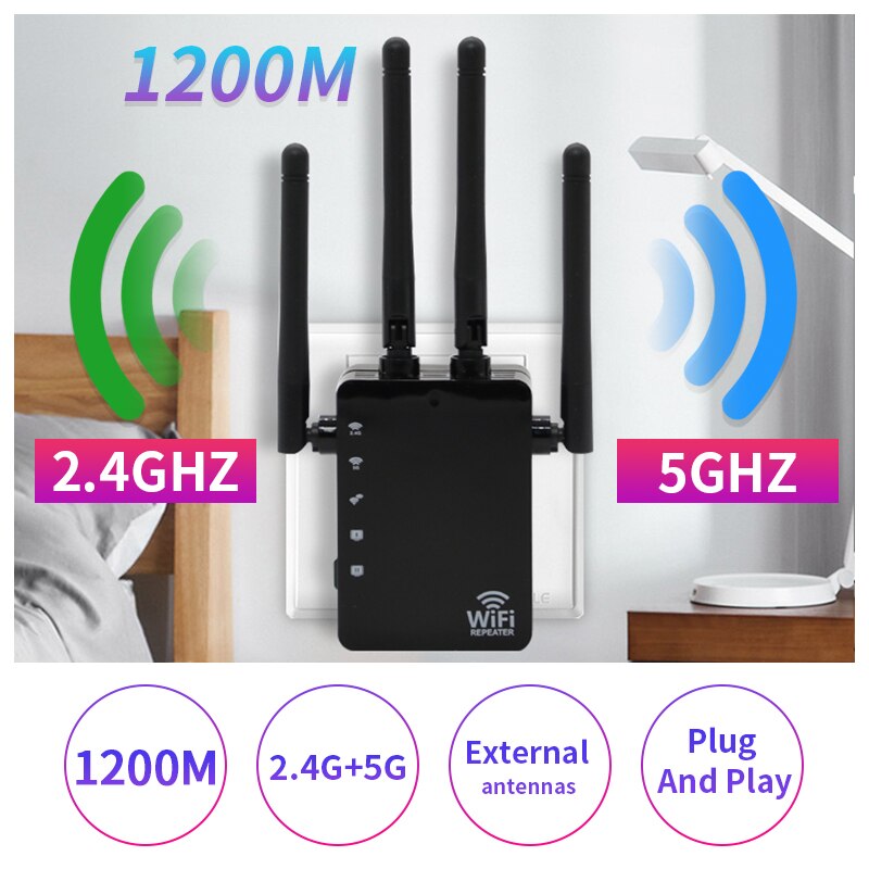 2.4G/5.8G Wifi Versterker Wifi Repeater 1200Mbps Wifi Router Lange Range Extender Thuis Wifi Signaal Booster met 1*100M Lan-poort