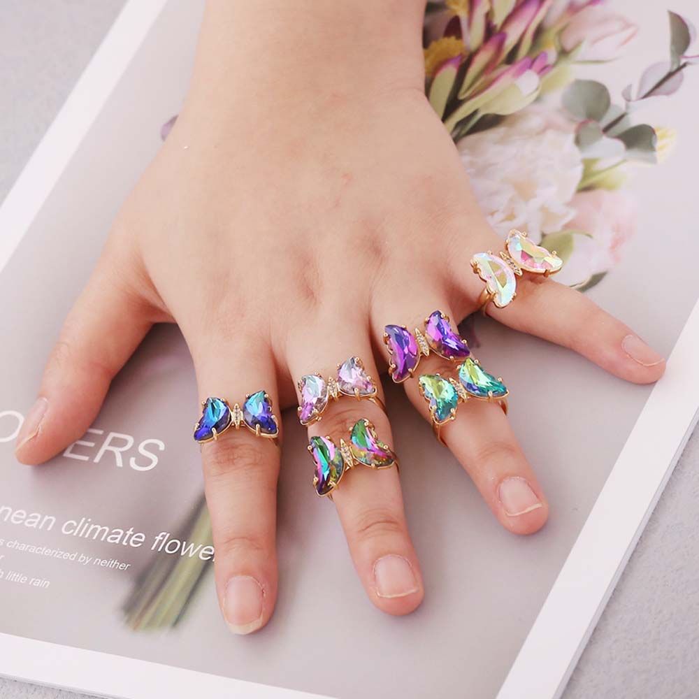 Adjustable Women Girls Korean Crystal Butterfly Open Ring Jewelry Finger Rings