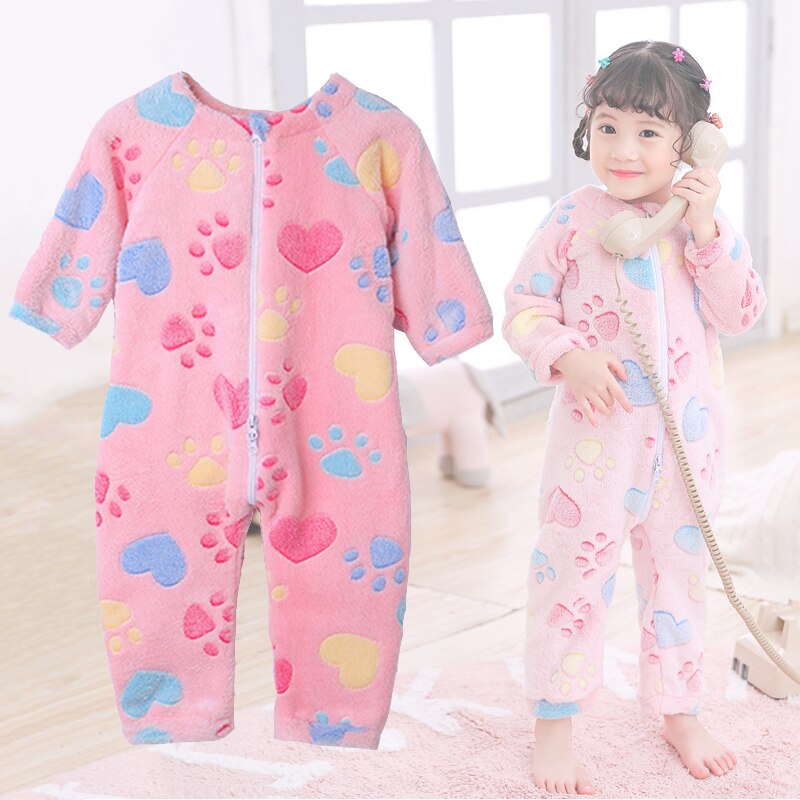 Winter Kids Flanel Romper Baby Zachte Warme Fluwelen Jumpsuit Pyjama Split Been Slaapzak Homewear Peuter Jongen Meisje Nachtkleding