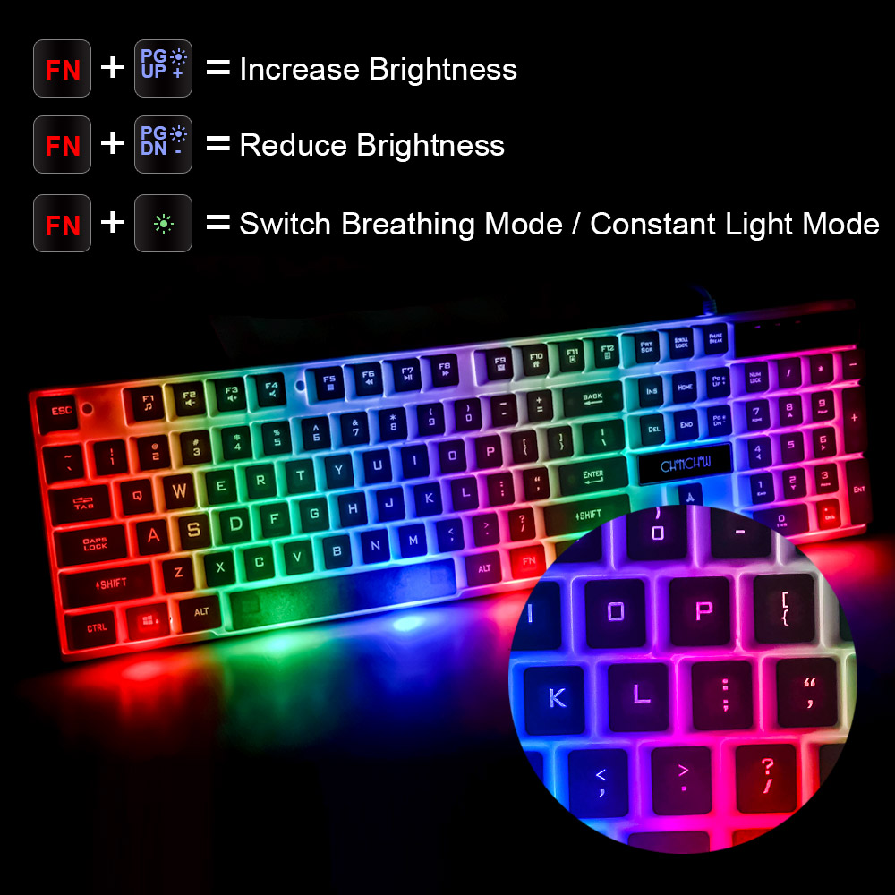 Gaming tangentbord och mus combo led andning bakgrundsbelyst usb trådad full key färgglad mus 3200 dpi mekanisk känsla
