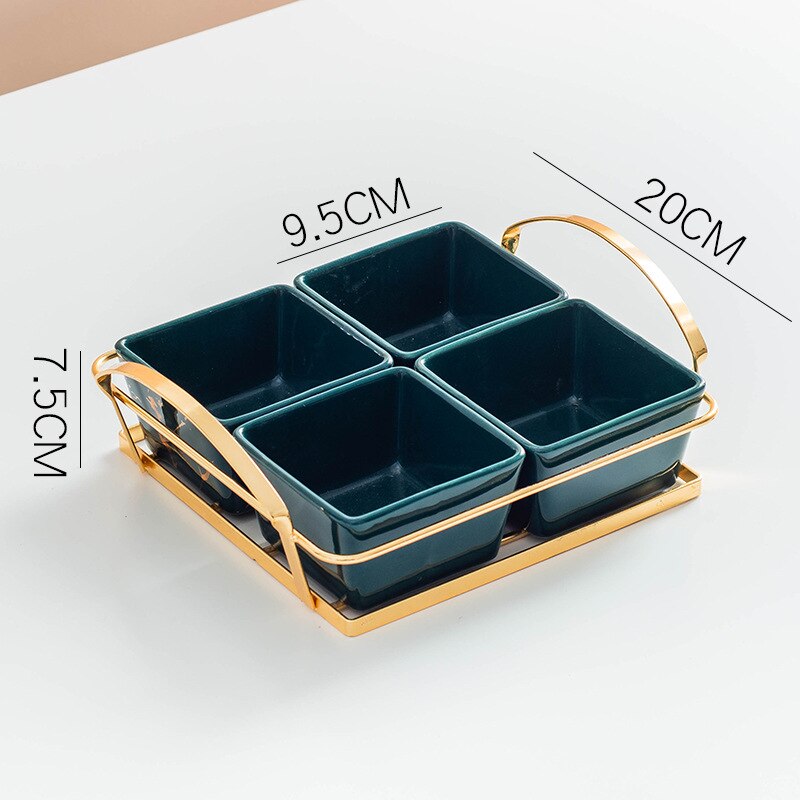 Plato de fruta dividido de cerámica, vajilla de lujo ligera para aperitivos, sala de estar, plato de fruta seca, plato de fruta para postre: 4 grids-pure green